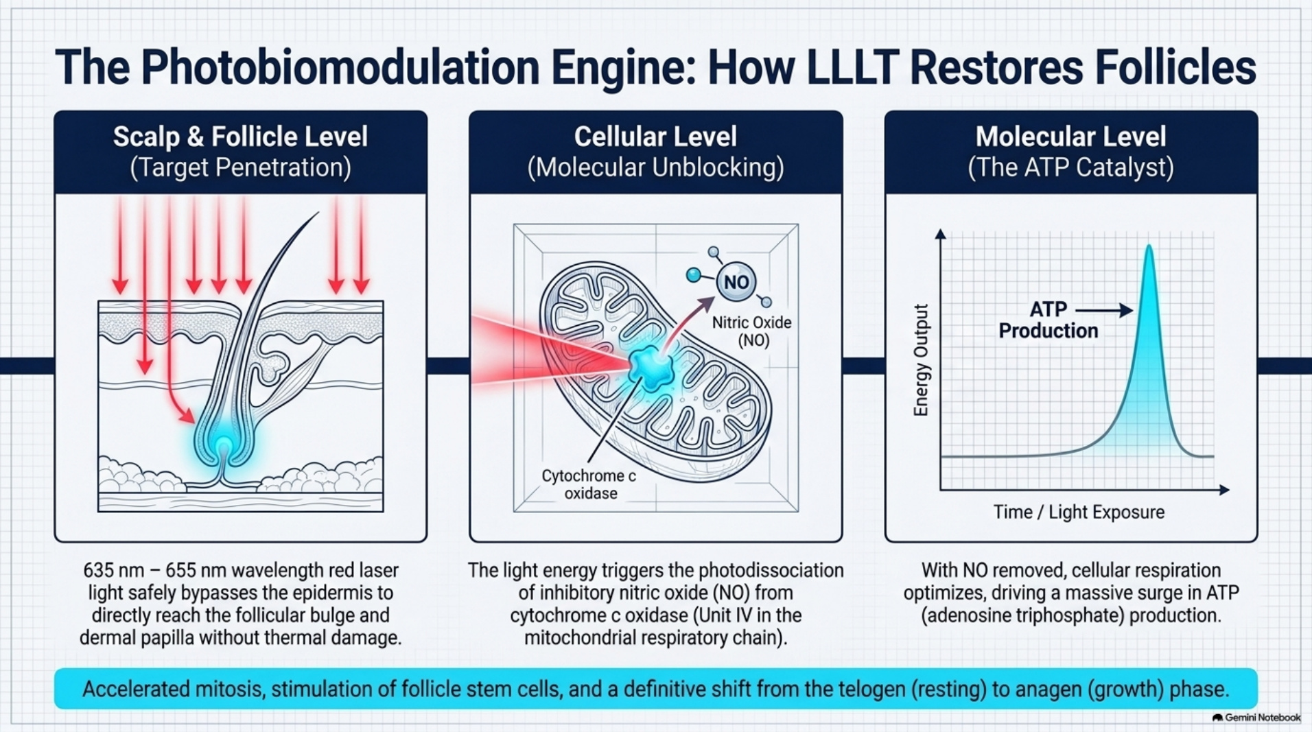 How LLLT photobiomodulation restores follicles at scalp, cellular, and molecular level